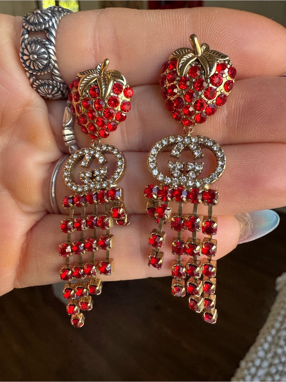 Gucci Inspired Red Crystal Strawberry Drop Earrings - Gold-Tone